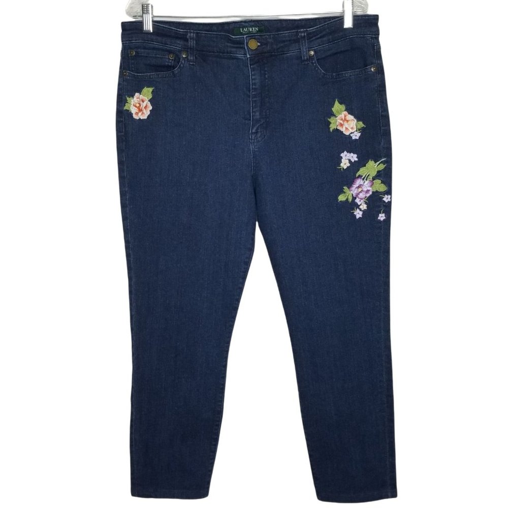 LRL Ralph Lauren Size 16 Jeans Premier Skinny Crop Denim Floral Applique Cropped